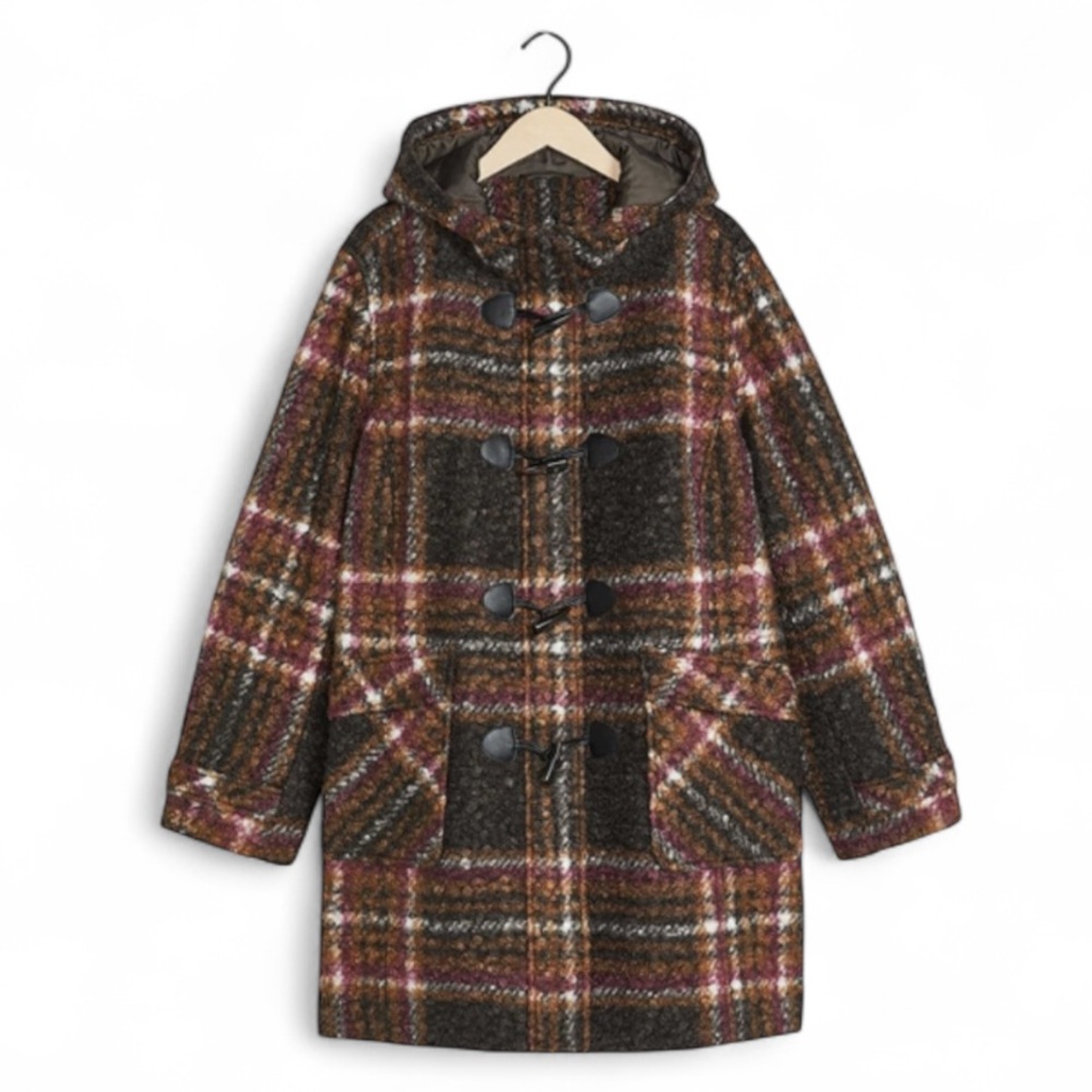 Pennington HOST PICK Plaid Knit Boucle Toggle Front Flap Pocket Long Hooded Coat